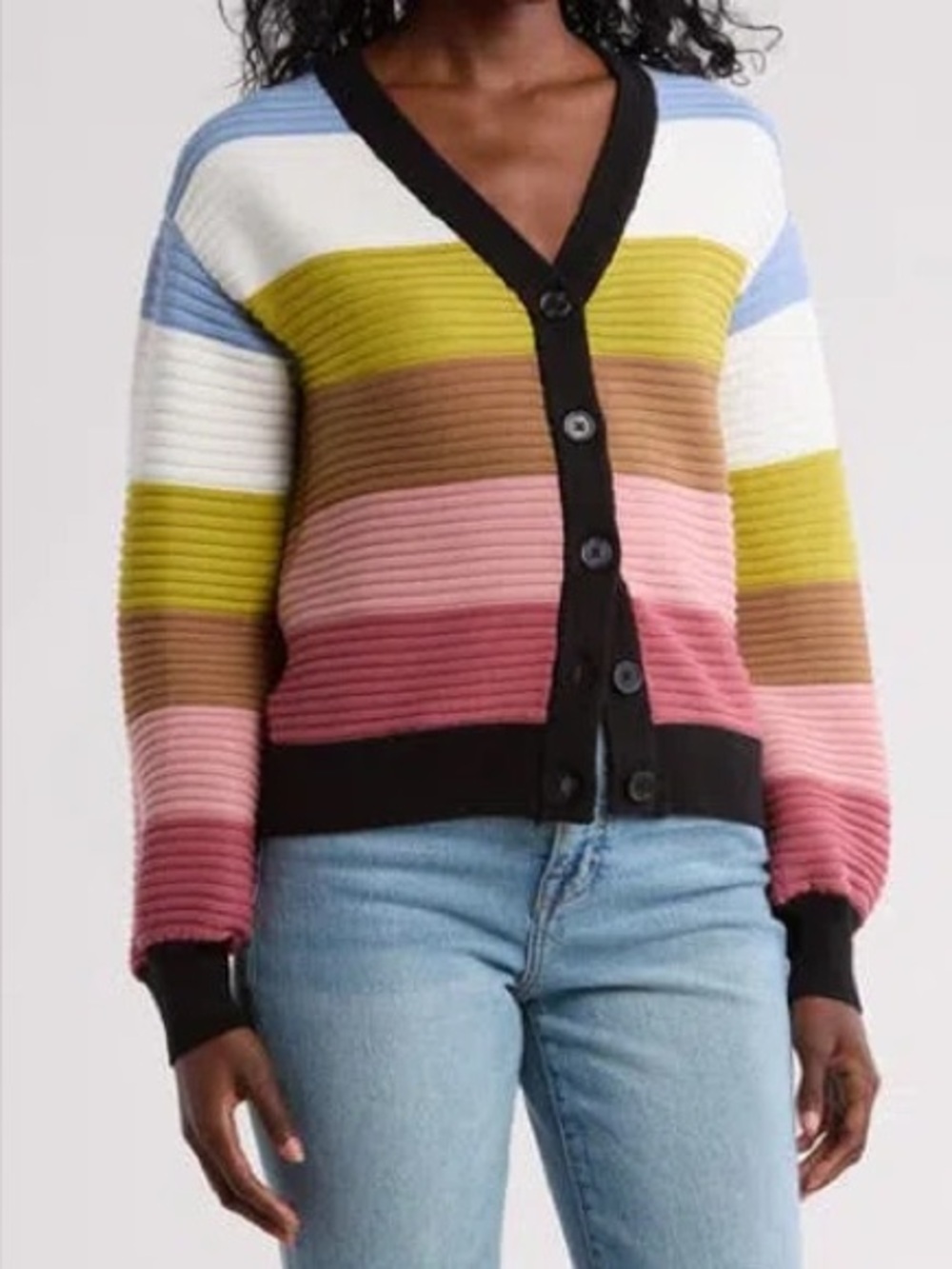 INDUSTRY Multicolor Ribbed V-Neck Cardigan in Olive, Pink & Blue